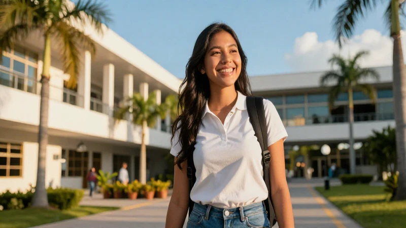 Estudiante mexicano brillante en campus moderno