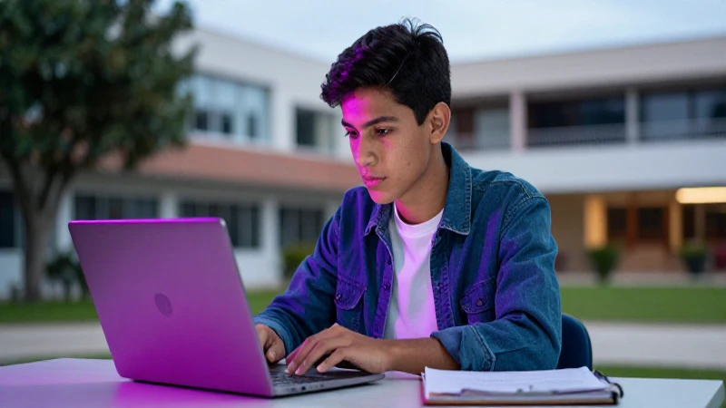 Joven estudiante mexicano frente a laptop en campus vibrante