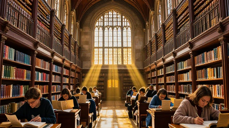 Biblioteca gótica iluminada por sol