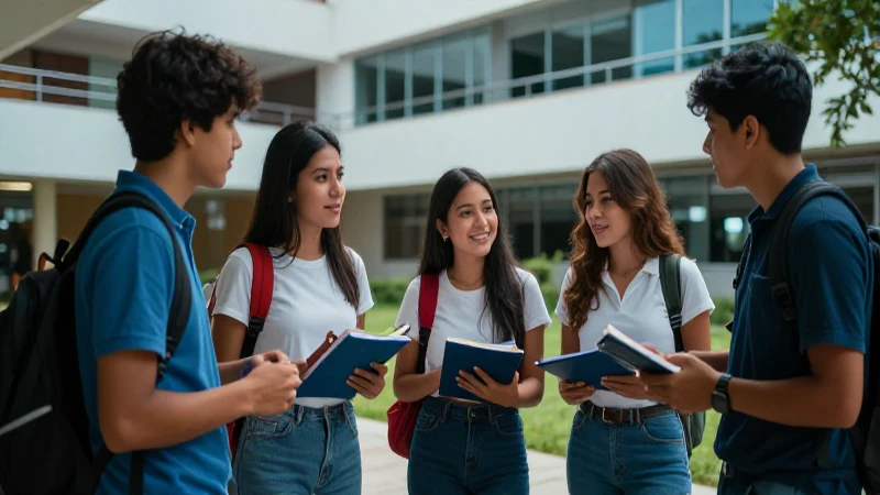 Jóvenes mexicanos colaborando en campus universitario moderno