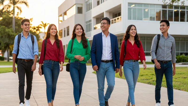 Estudiantes mexicanos exitosos en universidad al atardecer