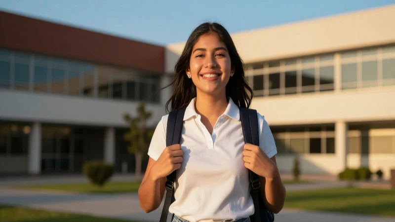 Estudiante feliz en campus con luz dorada