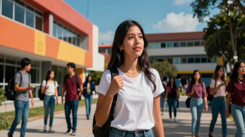 Estudiante universitario mexicano en vibrante campus moderno
