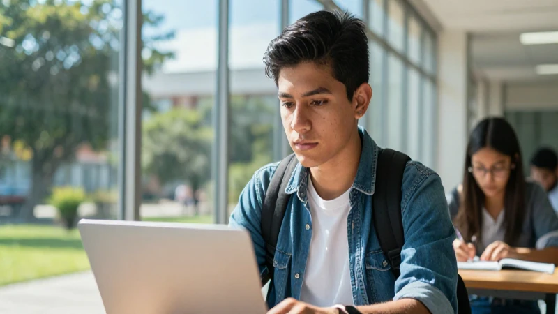 Joven estudiante mexicano enfocado en campus moderno