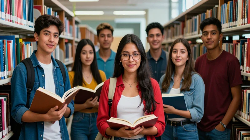 Estudiantes mexicanos vibrantes en moderna biblioteca