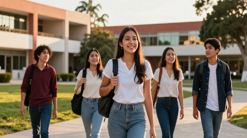 Estudiante universitario en campus moderno, luz dorada