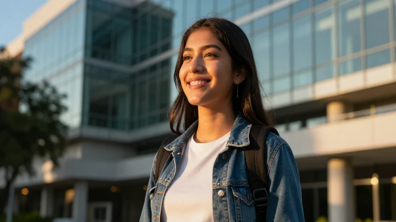 Estudiante sonriente en universidad con luz dorada