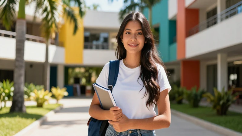 Estudiante mexicana vibrante bajo luz tropical