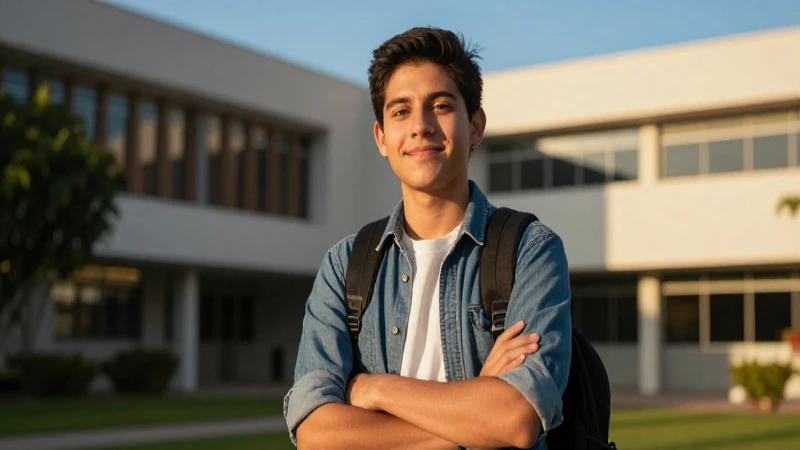 Joven mexicano universitario, foto profesional, atardecer vibrante