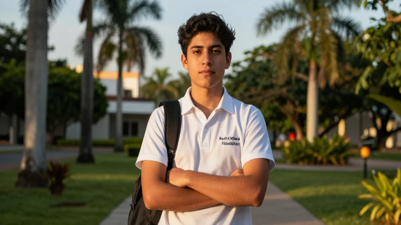 Joven mexicano en campus tropical al atardecer
