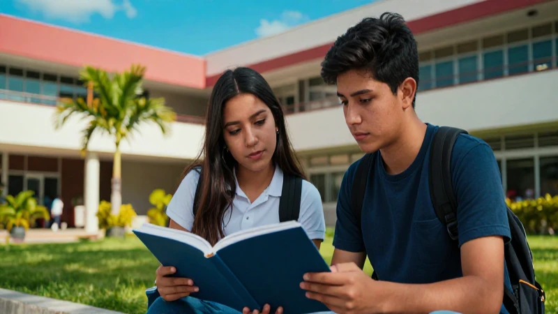 Estudiantes mexicanos modernos en campus tropical