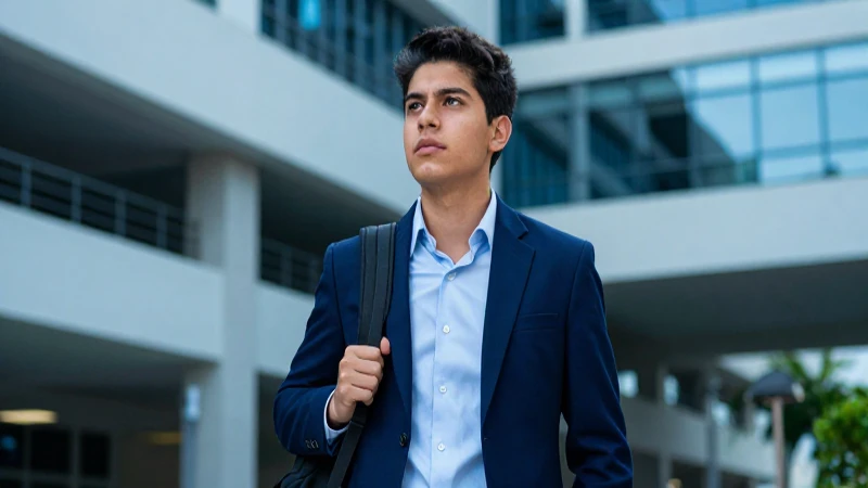 Estudiante mexicano exitoso en campus moderno