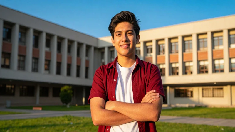 Joven mexicana exitosa en campus moderno y dorado