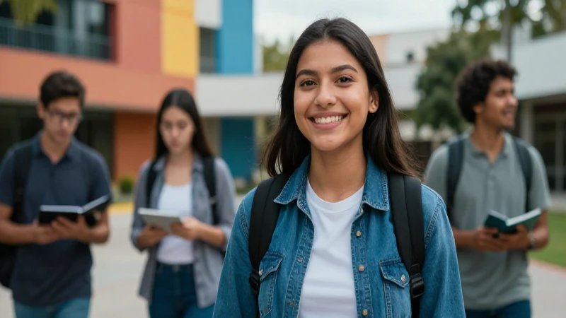 Estudiante universitario sonriente en campus vibrante