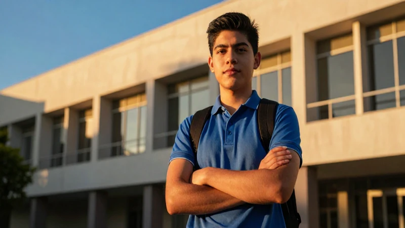 Joven mexicano en universidad con luz dorada dramática