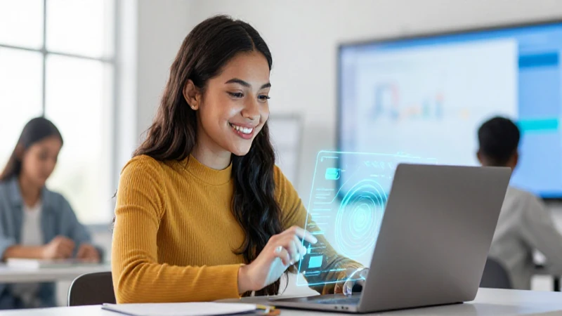 Estudiante mexicana sonriente usa laptop y entorno virtual moderno