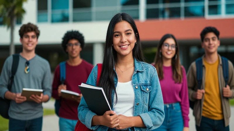 Joven mexicano dinámico, éxito universitario en campus moderno