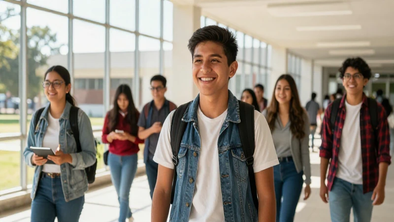 Estudiantes sonriendo en campus universitario vibrante