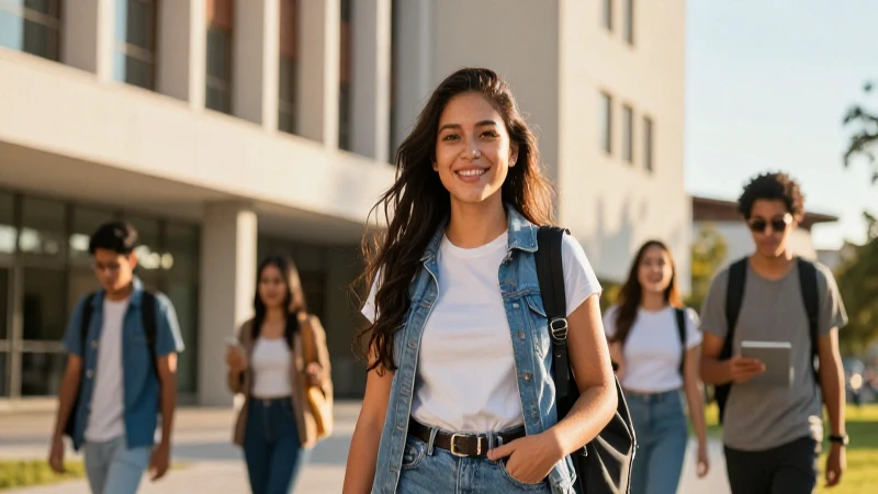 Estudiante mexicano sonriente en campus moderno vibrante