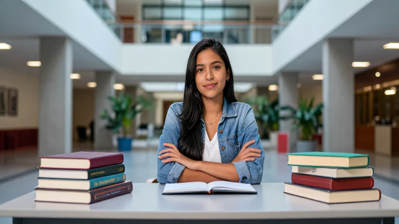 Estudiante universitario en atrium moderno, retrato vibrante