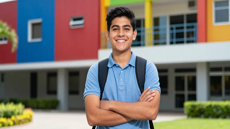 Estudiante mexicano brillante en campus moderno