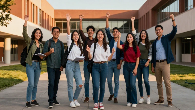 Estudiantes mexicanos celebrando éxito en campus vibrante