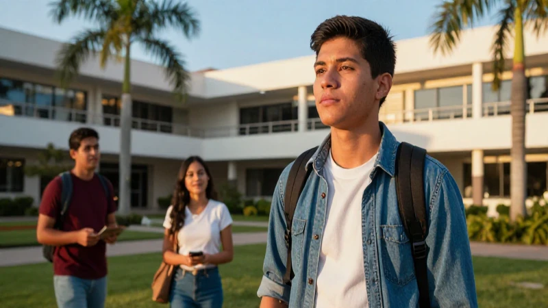 Estudiante mexicano determinado en campus moderno al atardecer