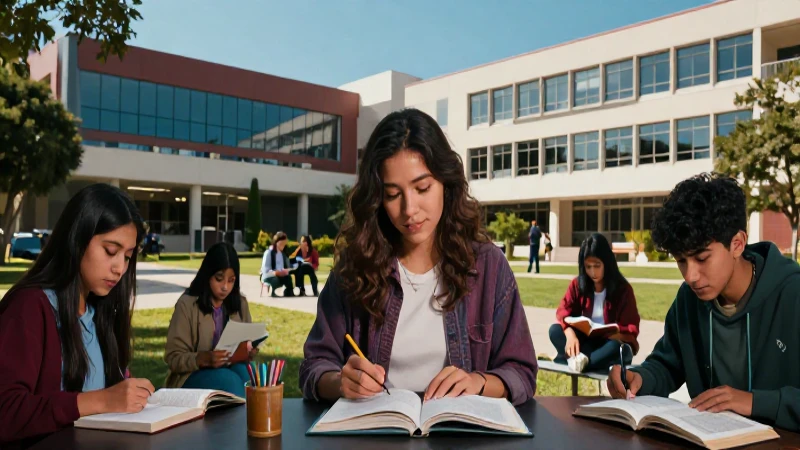 Estudiantes universitarios en un campus moderno y vibrante