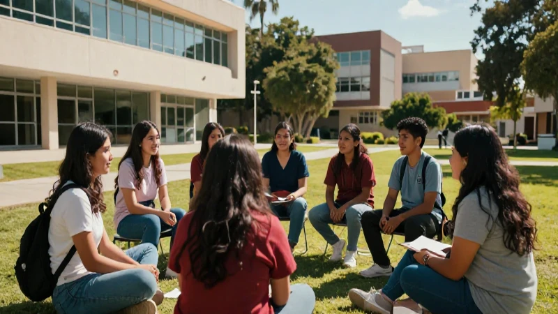 Estudiantes mexicanos diversos en campus vibrante