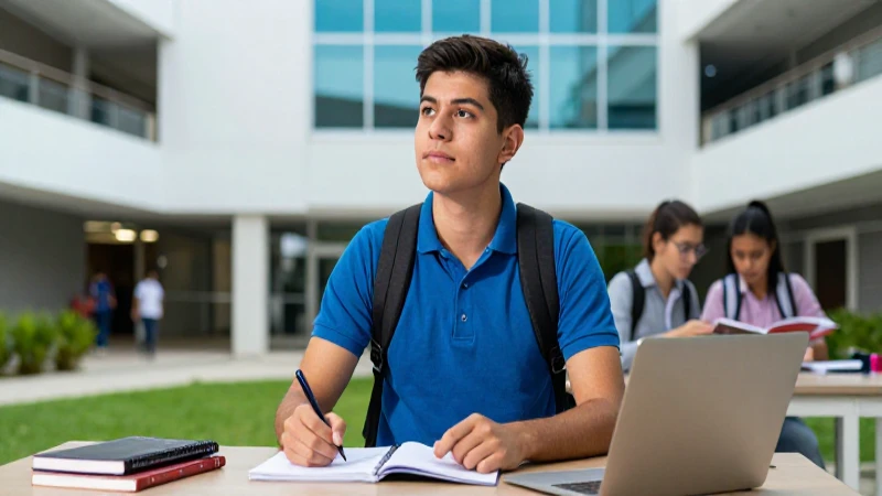 Estudiante mexicano determinado en campus universitario moderno