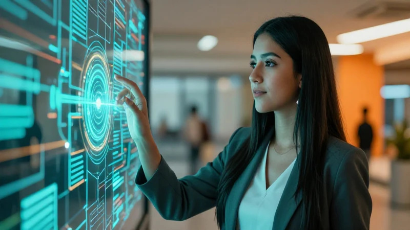 Joven mexicana interactúa con matriz de datos luminosa