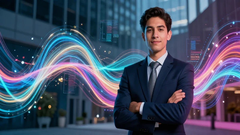 Joven profesional mexicano, flujo de datos financiero dinámico