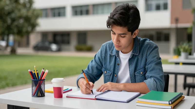Estudiante organiza útiles escolares en un escritorio moderno
