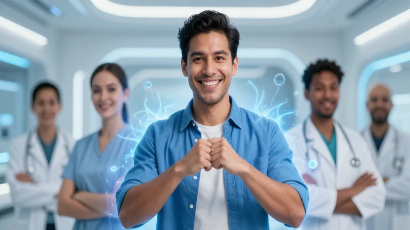 Hombre mexicano sonriente en entorno médico futurista