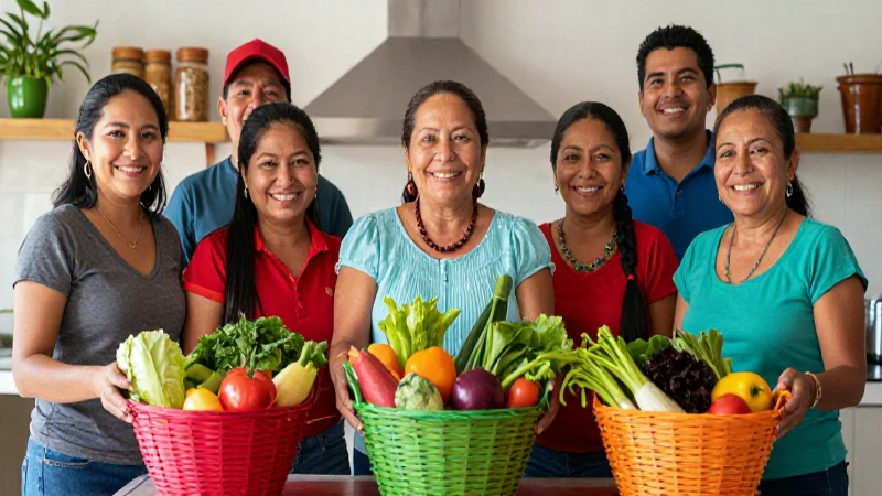 Comunidad mexicana feliz con cosecha vibrante en cocina moderna
