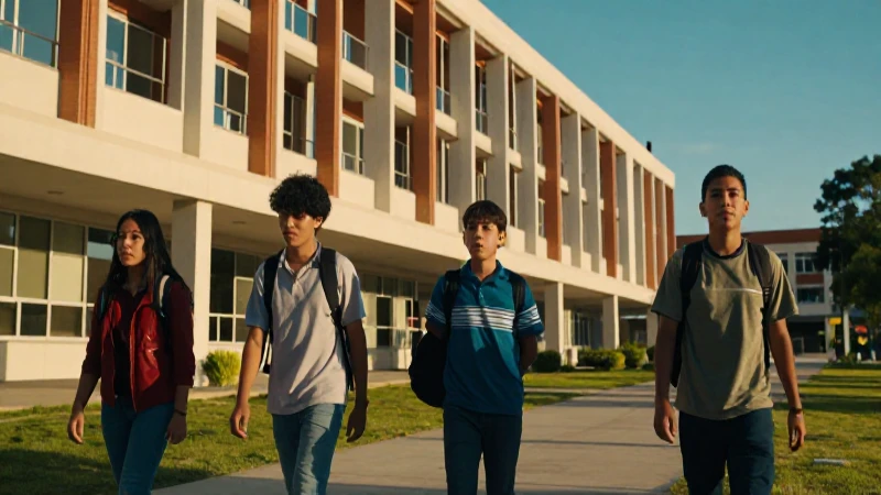 Estudiantes mexicanos en campus moderno al atardecer