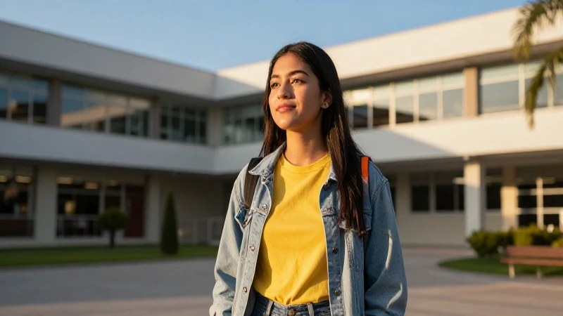 Joven mexicano vibrante en campus moderno