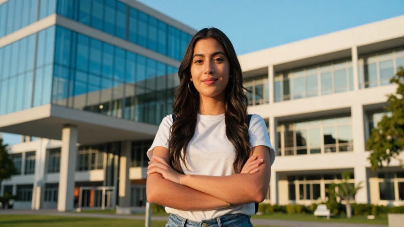 Estudiante mexicano universitario en campus moderno al atardecer