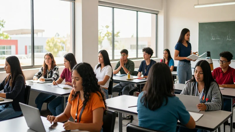 Estudiantes mexicanos en aula moderna colaboran