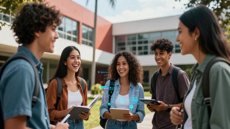 Estudiantes felices en campus moderno