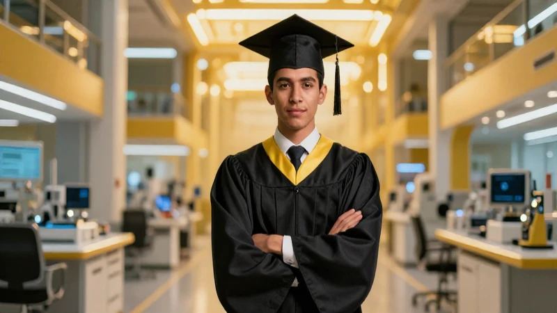 Joven graduado mexicano en campus moderno