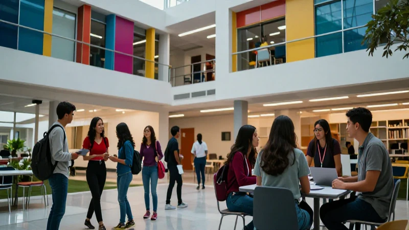 Estudiantes mexicanos en campus moderno y vibrante