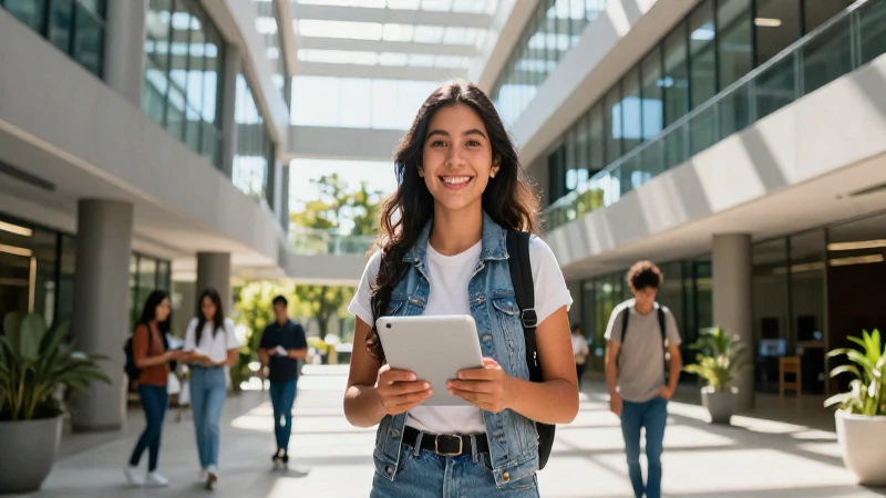 Estudiante mexicano dinámico en campus tecnológico moderno