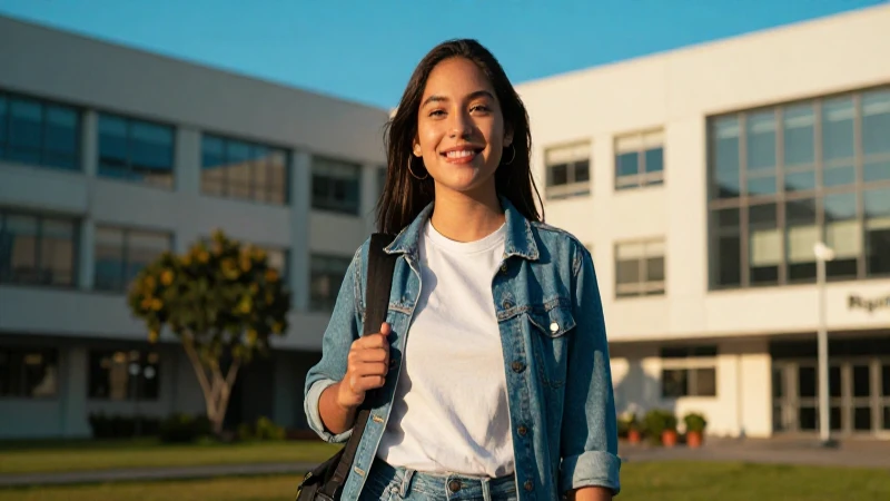 Estudiante mexicano sonriente en campus cinemático