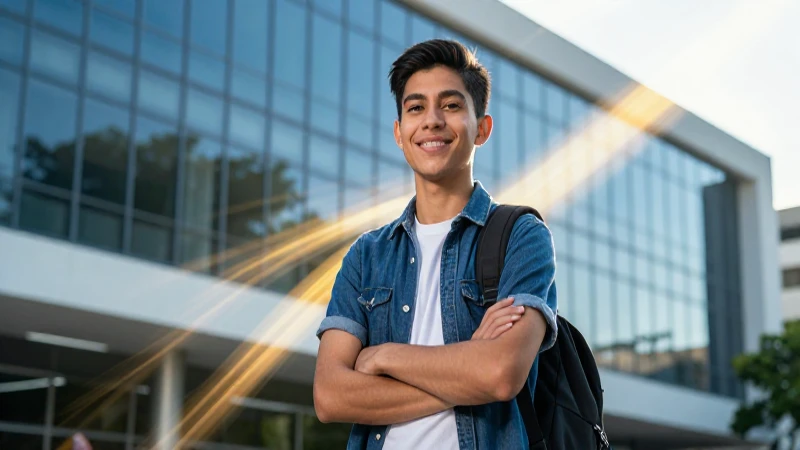 Estudiante mexicano aspiracional en campus moderno