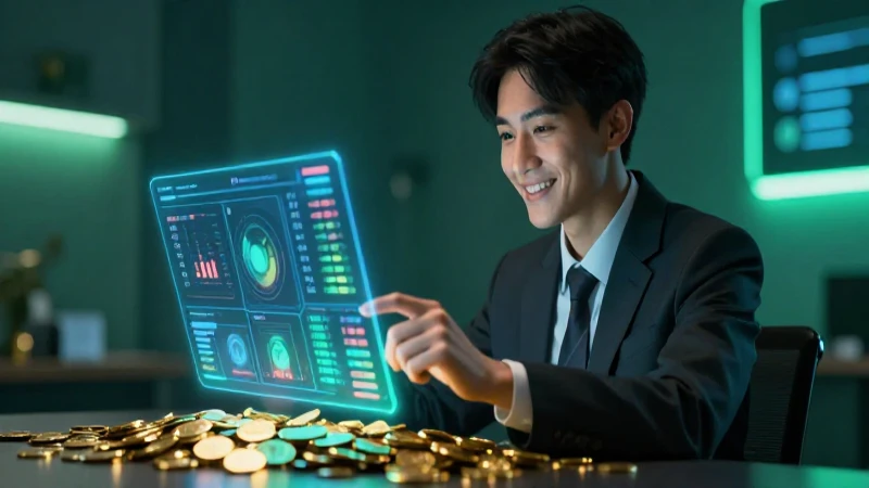 Joven profesional con éxito financiero digital