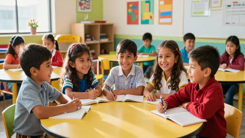 Niños mexicanos felices en un aula vibrante y moderna
