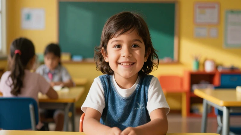 Niño alegre en aula vibrante con luz cálida