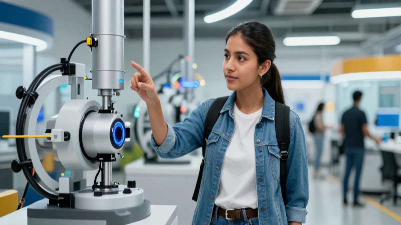 Joven mexicano interactúa con prototipo industrial en campus tecnológico