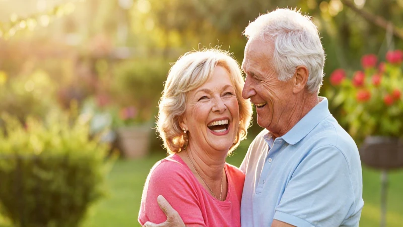 Pareja mayor feliz en jardín al atardecer